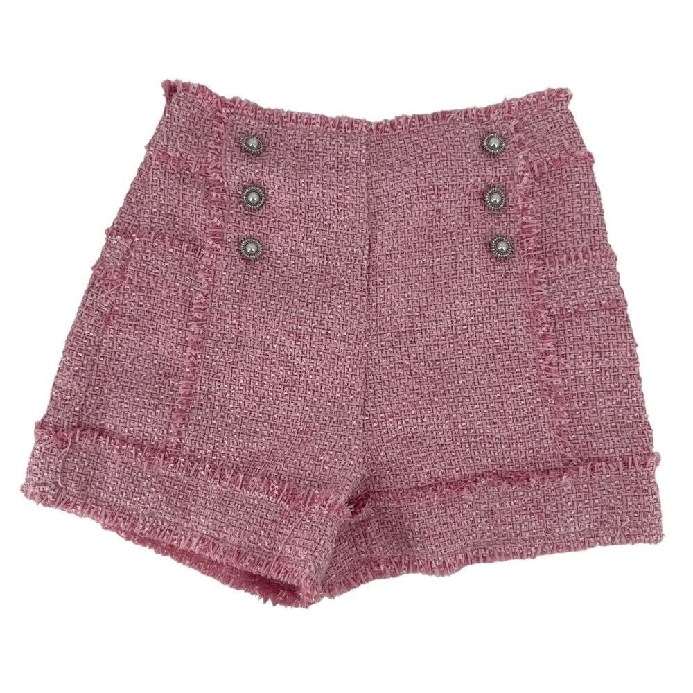 Tweed Shorts Pink High Rise XS Sailor Button Preppy Shein Lizzy Coquette Fringe